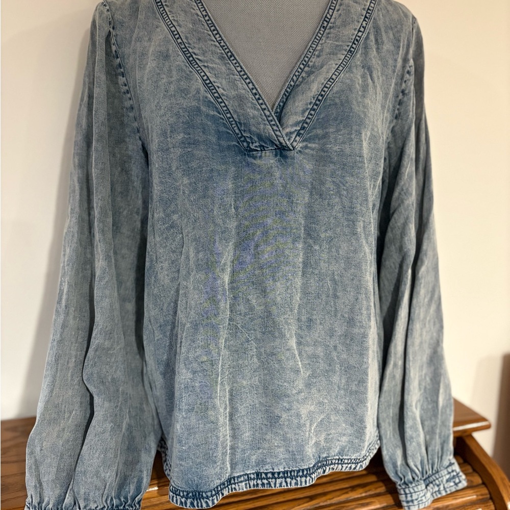 Pilcro Washed Denim-Look V-Neck Blouse in Faded Blue